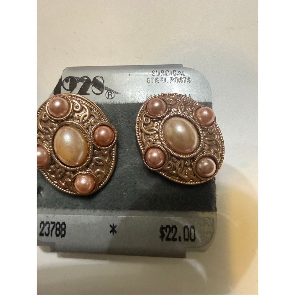 Vintage 1928 Women's Faux Pearl Filigree Surgical Steel Post Stud Earrings NWT